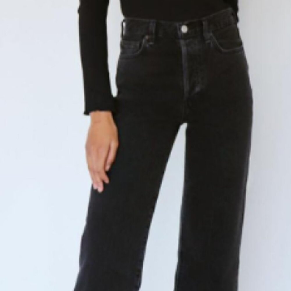 Denim Forum Farrah High Rise Wide Leg Jeans Distressed Black Wash Size 25 - Picture 5 of 5